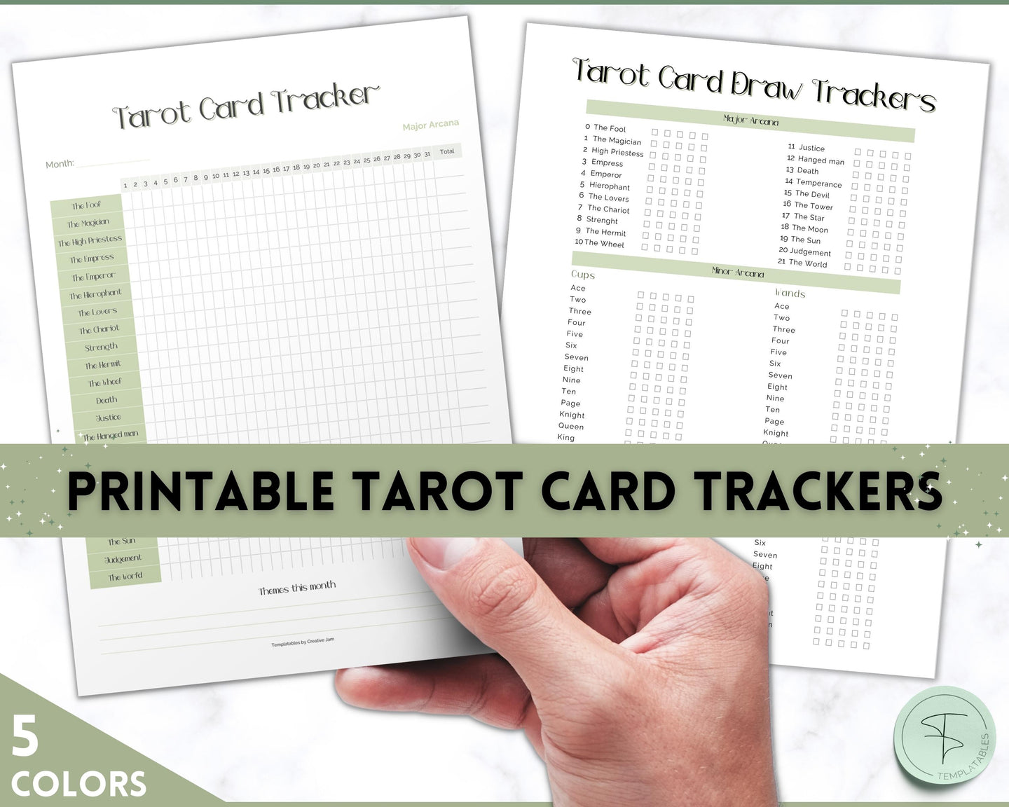 Tarot Card Trackers & Monthly Readings | Learn Tarot Card Readings, Tarot Spreads | Beginner Tarot Planner Workbook, Grimoire & Cheat Sheets | Green