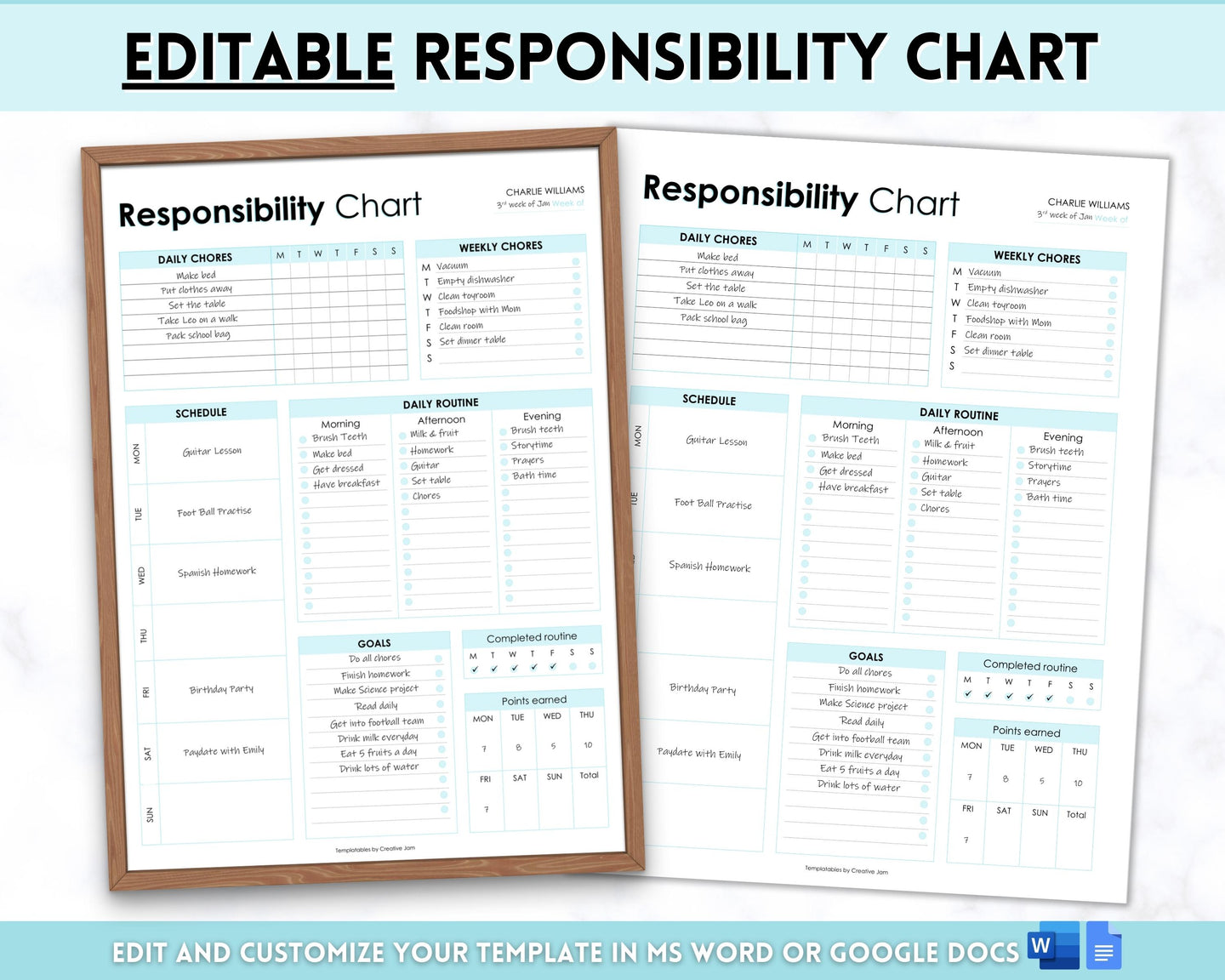 EDITABLE Responsibility Chart | Family Chore Chart, Weekly Adult Routine & Reward Chart for Kids | Blue