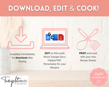 Load image into Gallery viewer, EDITABLE Recipe Sheet Template | Recipe Book, Cards &amp; Cookbook Binder, 8.5x11 Food Planner Journal | Style 3

