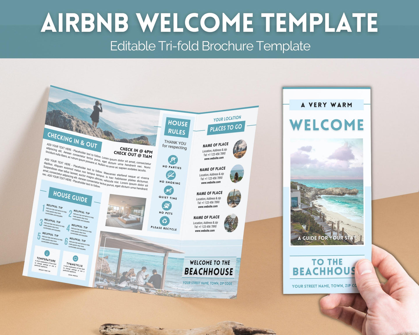 Airbnb Trifold Welcome Book Template | Editable Canva Welcome Guide for Vacation Rentals | Blue