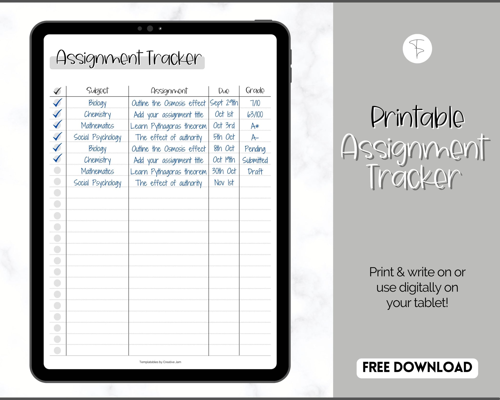FREE - Assignment Tracker Printable for Students - Mono