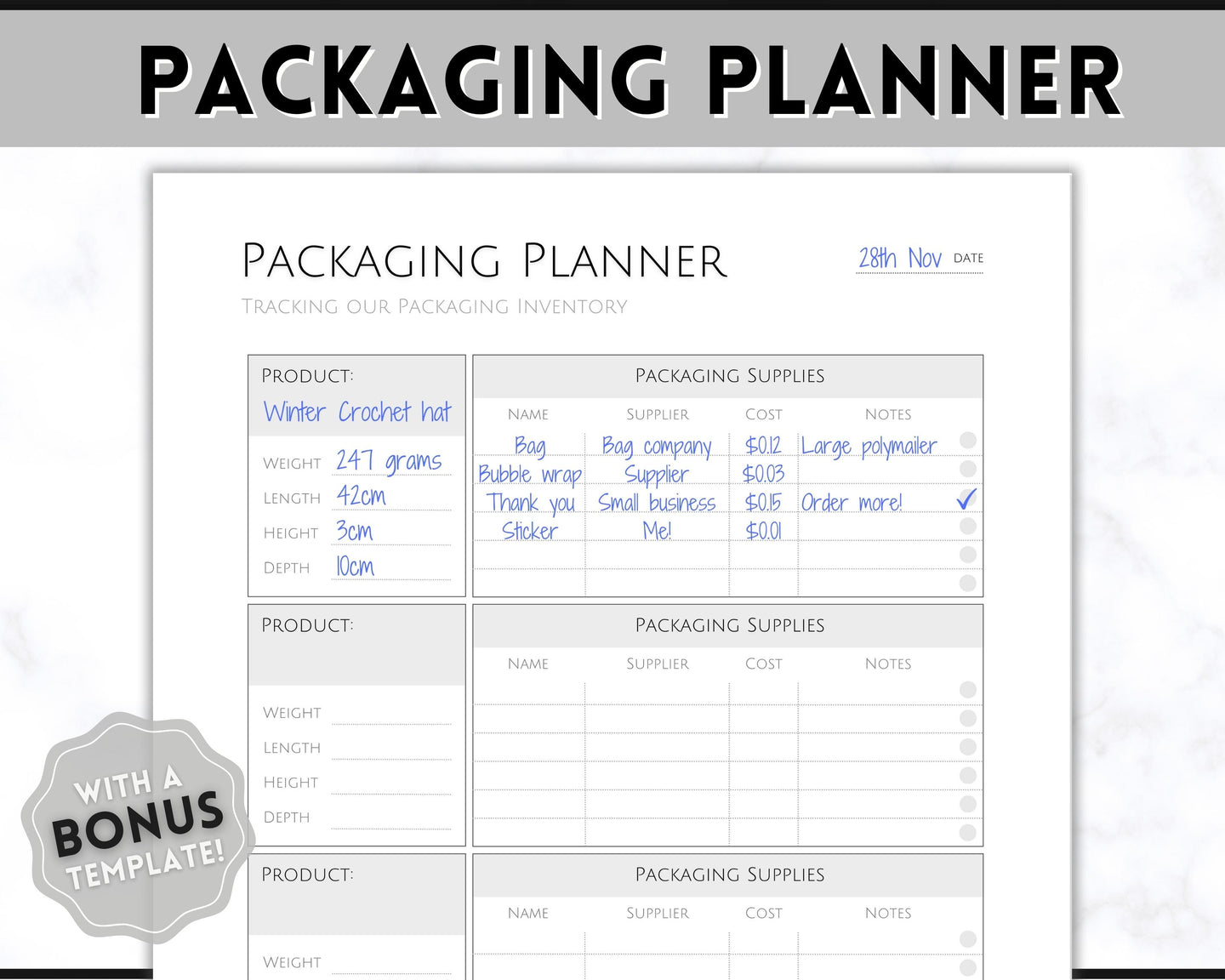 Packaging Planner Template Printable | Digital Small Business Product Planner | Mono