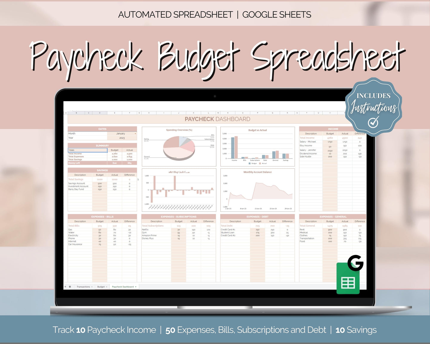 Budget by Paycheck Google Sheets Spreadsheet | Biweekly Zero Based Budget Tracker | Brown