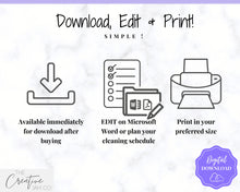 Load image into Gallery viewer, EDITABLE Cleaning Planner, Cleaning Checklist &amp; Cleaning Schedule | Weekly House Chores, Clean Home Routine, Monthly Cleaning List | Purple
