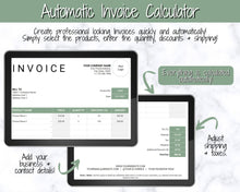 Load image into Gallery viewer, Small Business Bookkeeping Spreadsheet | Google Sheets Automated Business Expense Tracker &amp; Product Invetory Tracker | Green

