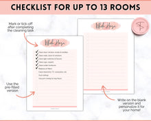 Load image into Gallery viewer, Cleaning Checklist, Printable Room by room Cleaning Cards | Family &amp; Kids Cleaning Schedule Planner &amp; Tracker | Pink Watercolor
