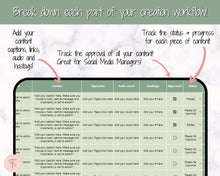 Load image into Gallery viewer, Social Media Content Calendar | Google Sheets Content Planner, Social Media Manager Spreadsheet for Instagram, YouTube, TikTok Influencers | Green
