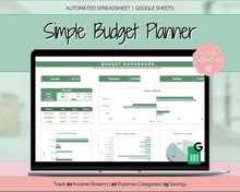 Load image into Gallery viewer, Simple Budget Planner Spreadsheet | Google Sheets Automated Monthly Finance &amp; Expenses Spreadsheet | Green
