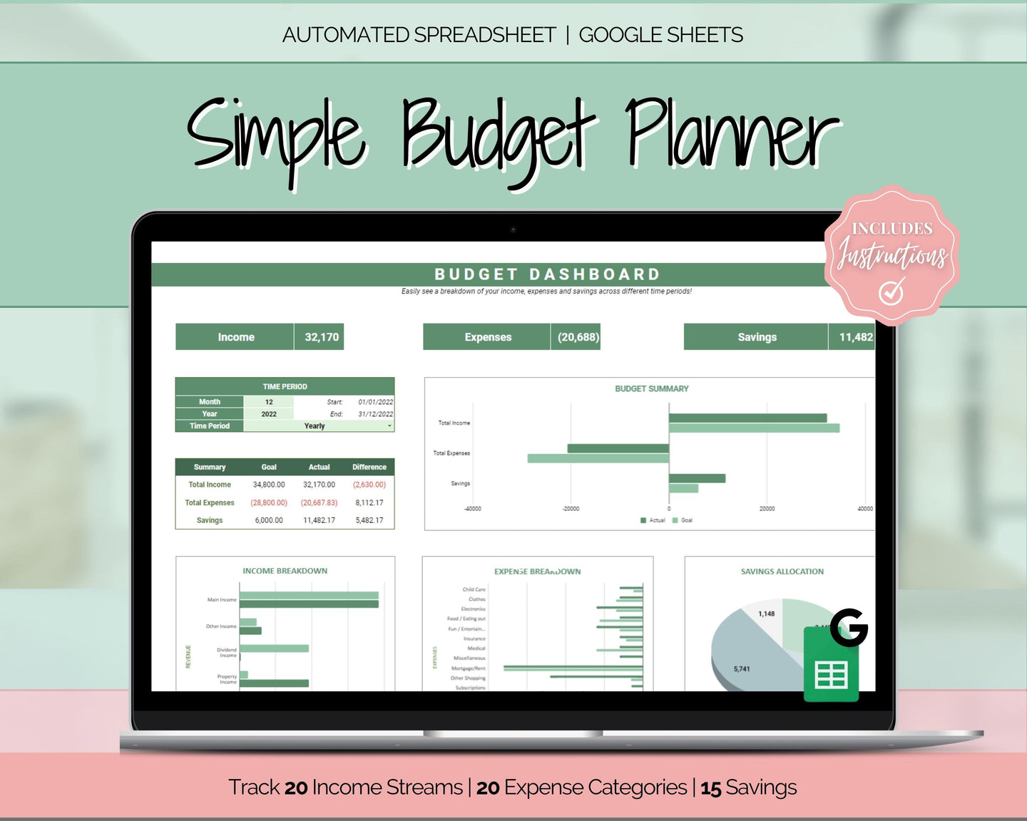 Simple Budget Planner Spreadsheet | Google Sheets Automated Monthly Finance & Expenses Spreadsheet | Green