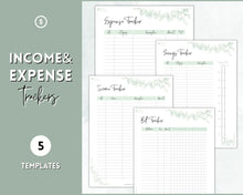 Load image into Gallery viewer, Savings Tracker BUNDLE | Income, Expenses, Savings &amp; Bill Tracker Printables, Personal Finance Planner Binder | Green Eucalyptus
