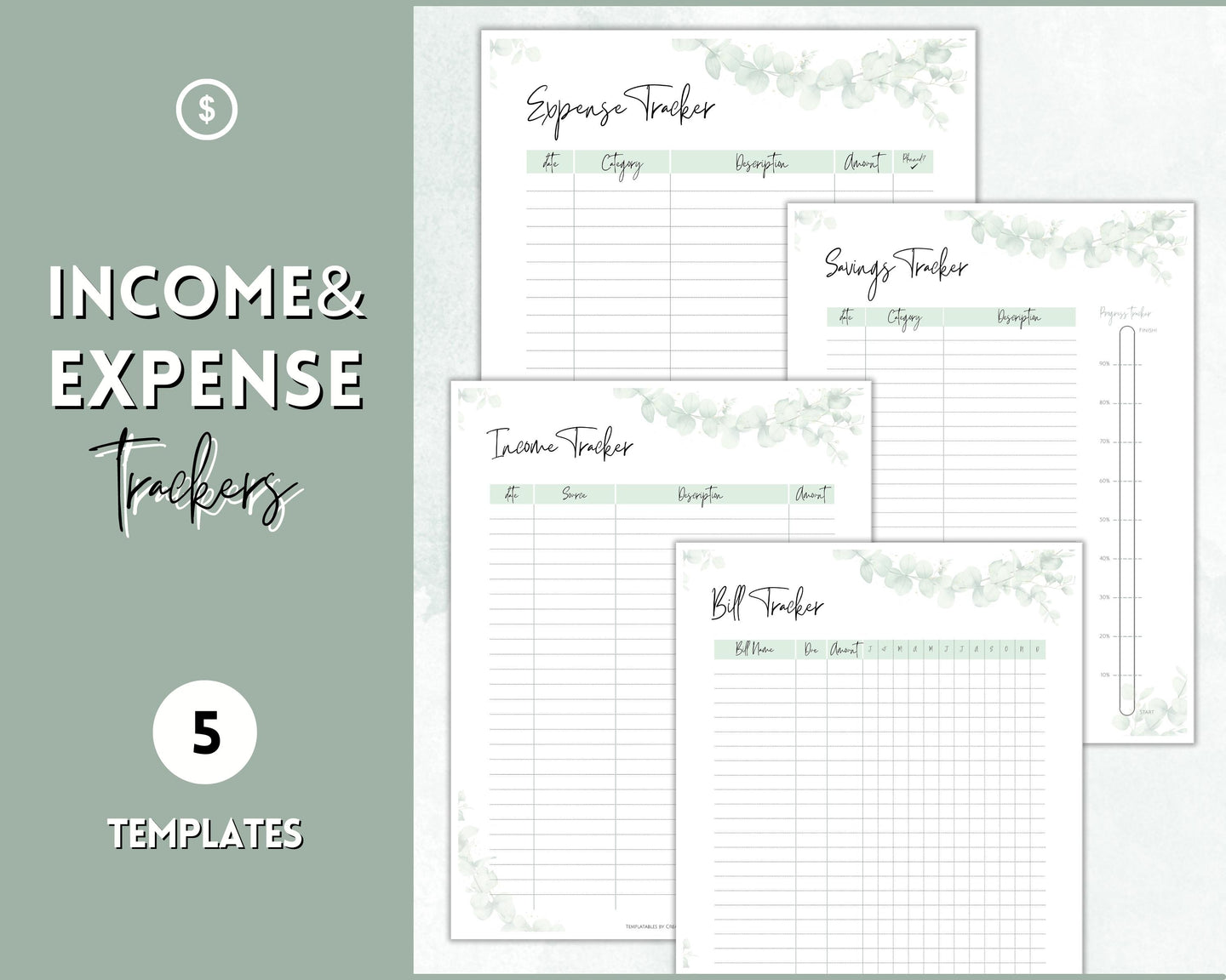 Savings Tracker BUNDLE | Income, Expenses, Savings & Bill Tracker Printables, Personal Finance Planner Binder | Green Eucalyptus