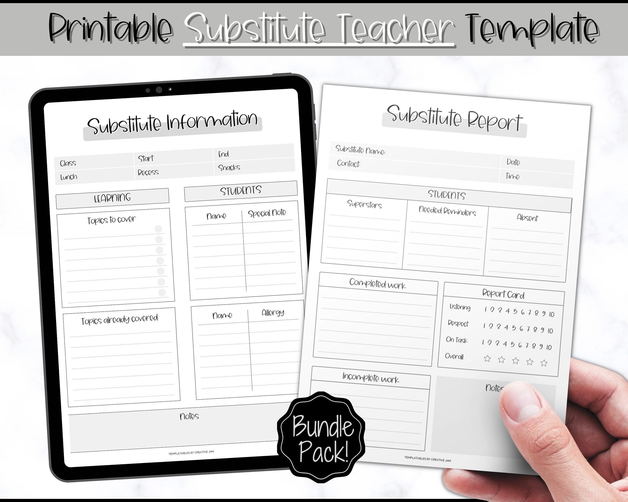 substitute teacher printable template | teacher note lesson planner