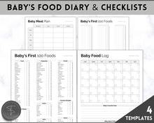 Load image into Gallery viewer, Baby Food Tracker Printable BUNDLE | Baby’s First Foods Meal Planner &amp; Daily Food Diary, 100 Foods Before 1 | Mono
