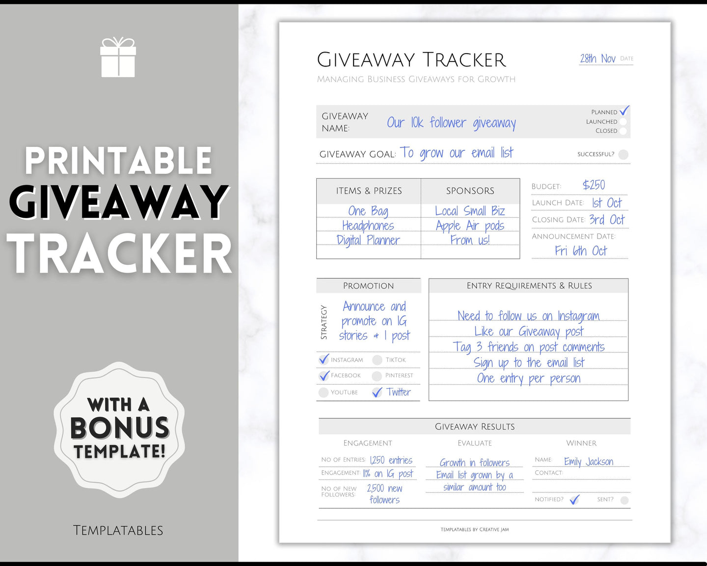 Social Media Giveaway Printable Template | Small Business Flyer | Influencer Marketing Content | Mono