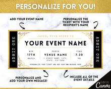 Load image into Gallery viewer, EDITABLE Event Ticket Gift Template | DIY Templates for Concerts, Theatre Shows, Surprise Gifts &amp; Special Occassions | Gold
