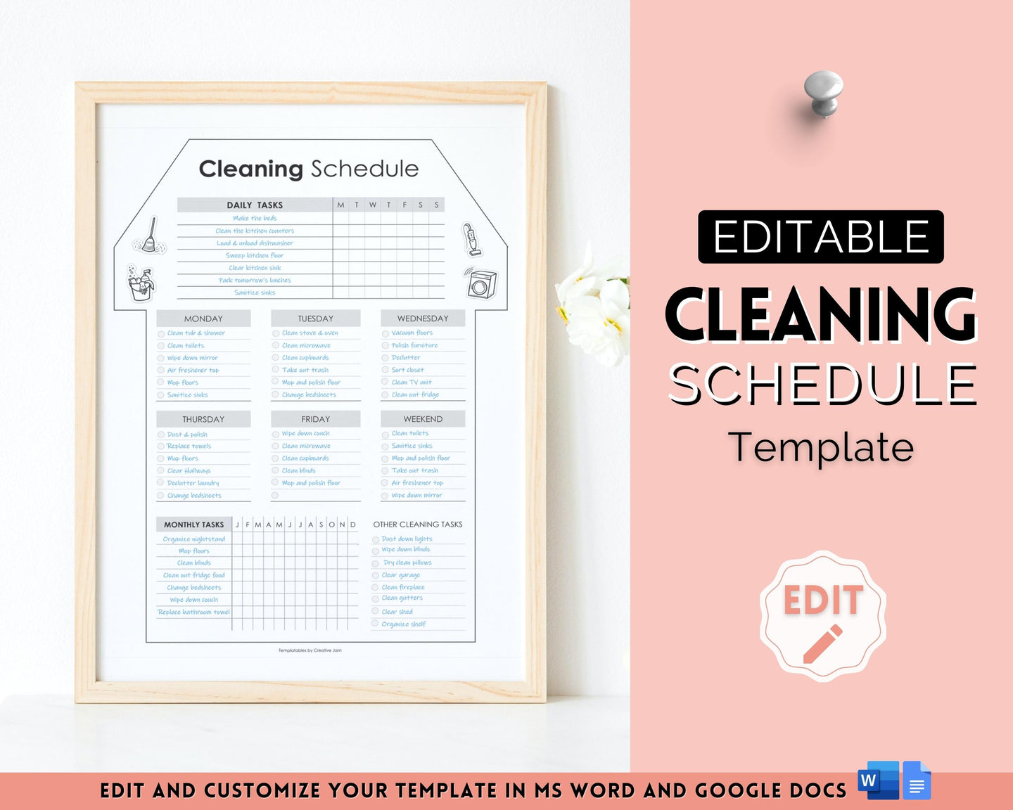 Editable House Shape Cleaning Schedule & Housekeeping Checklist for House Chores | Mono