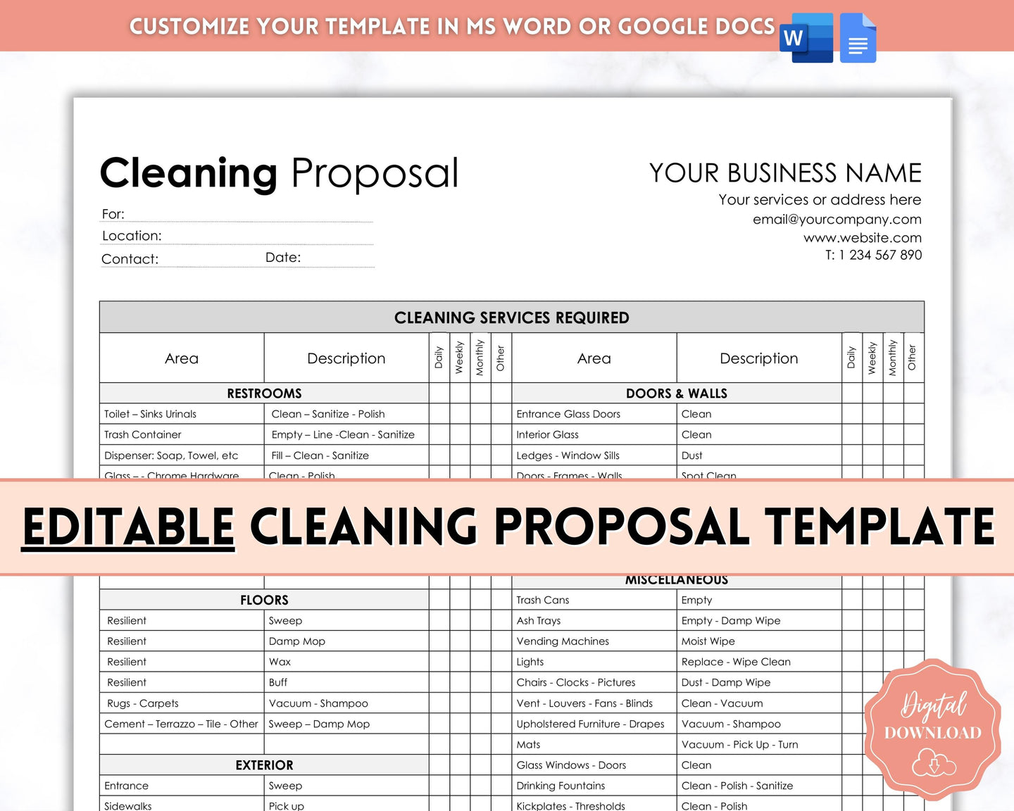 Cleaning Proposal & Commerical Cleaning Estimate Template | Editable Commercial Cleaning Services Template