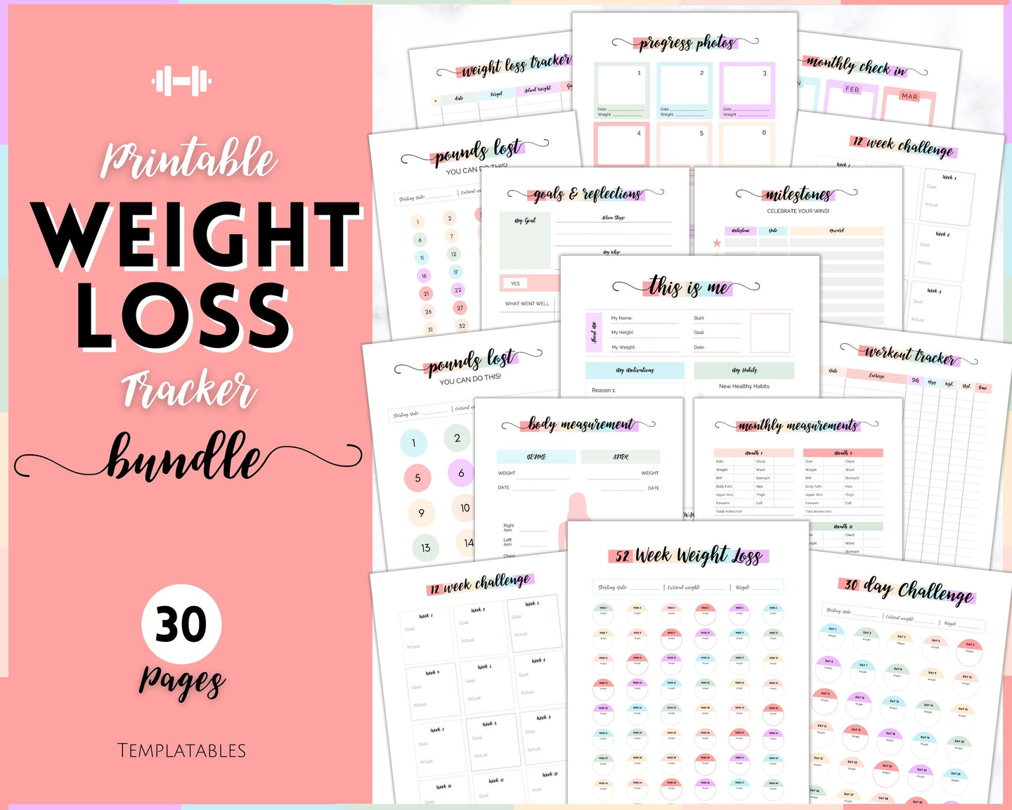 Weight Loss Tracker BUNDLE |  Fitness Planner Printable, Pounds Lost Tracker, Body Measurements & Meal Planner | Swash Rainbow