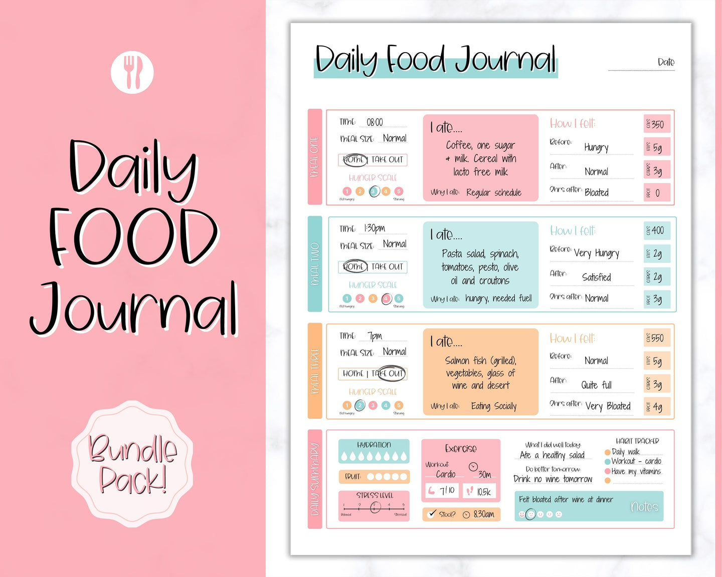 Colorful Daily Food Diary Printable |Diet & Nutrition Log, Weekly Meal Planner | Colorful Sky