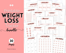 Load image into Gallery viewer, Weight Loss Tracker BUNDLE |  Fitness Planner Printable, Pounds Lost Tracker, Body Measurements &amp; Meal Planner | Pink Swash
