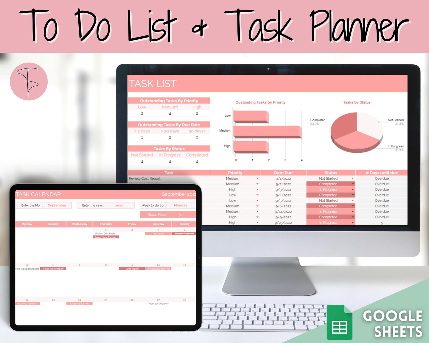 Editable To Do List & Task List Tracker Spreadsheet | Google Sheets, Monthly Calendar Planner | Pink