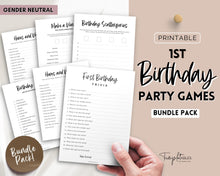 Load image into Gallery viewer, 1st Birthday Games - Printable Bundle of 14 Party Games for Baby&#39;s 1st Birthday | Trivia Activity for Woodland, Boho, Neutral Theme
