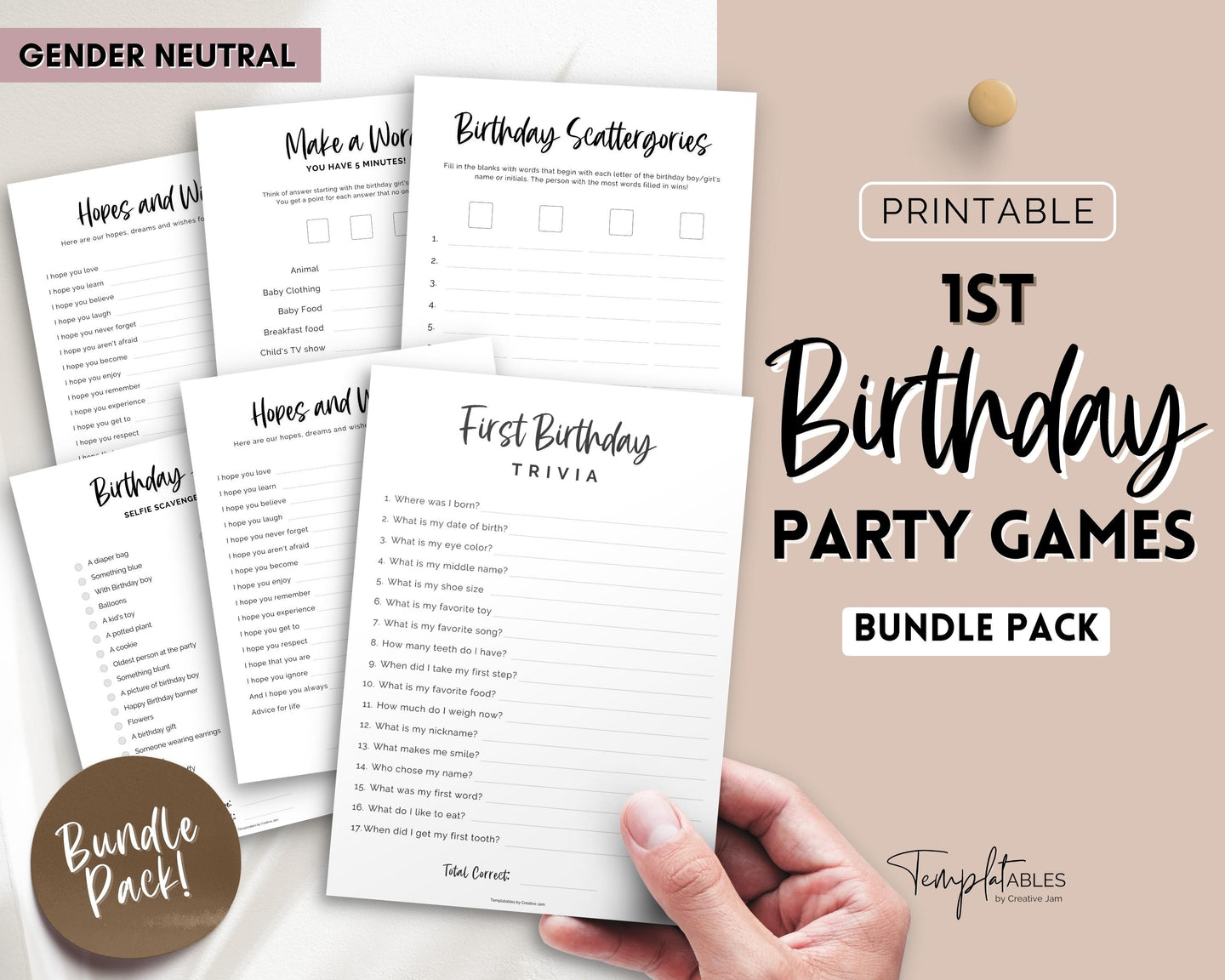 1st Birthday Games - Printable Bundle of 14 Party Games for Baby's 1st Birthday | Trivia Activity for Woodland, Boho, Neutral Theme