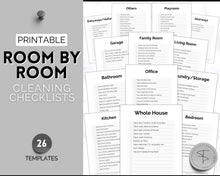 Load image into Gallery viewer, Cleaning Checklist, Printable Room by room Cleaning Cards | Family &amp; Kids Cleaning Schedule Planner &amp; Tracker | Mono
