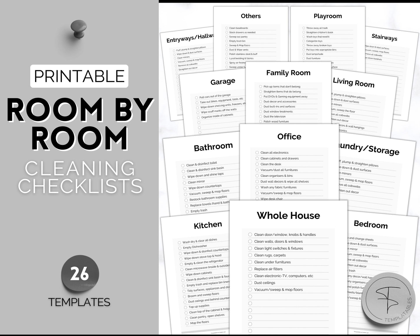 Cleaning Checklist, Printable Room by room Cleaning Cards | Family & Kids Cleaning Schedule Planner & Tracker | Mono