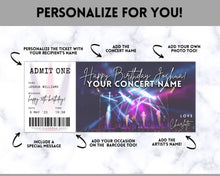 Load image into Gallery viewer, BIRTHDAY Concert Ticket Template | EDITABLE Surprise Getaway gift for Musical Events &amp; Theatre Shows
