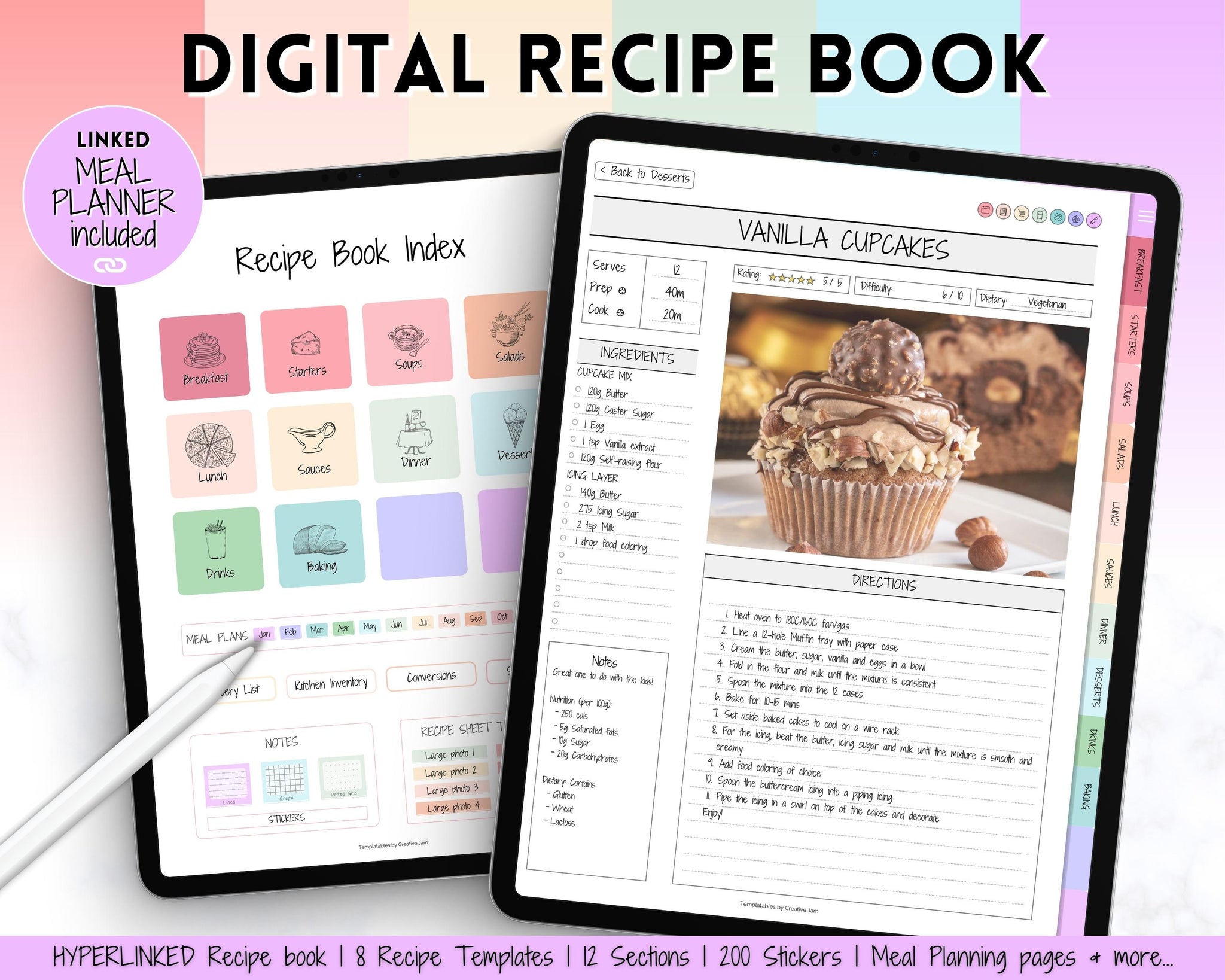 Digital Recipe Book for Goodnotes, Notability, Digital iPad Recipe Journal,  Digital Cookbook, Digital Meal Planner, Recipe Book Template 