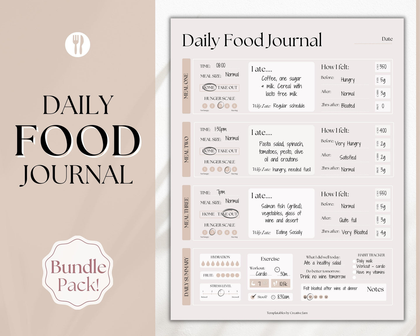 Boho Daily Food Diary Printable | Food Journal, Diet & Nutrition Log | Lux