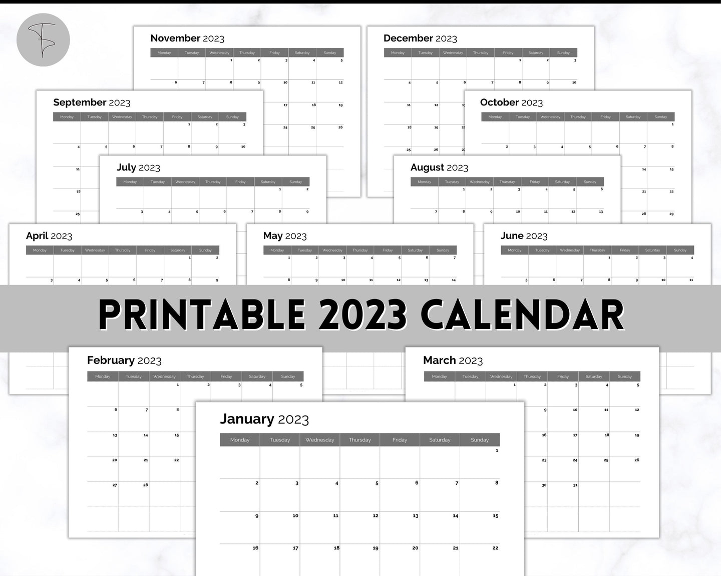 2023 Monthly Calendar Printable | 12 Month Desk Calendar Planner | Landscape Mono