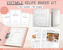 Load image into Gallery viewer, Editable Cookbook Template | Recipe Binder Kit, Recipe Book, Card &amp; Sheet Templates, Food Planner, 35+ page bundle | Mono
