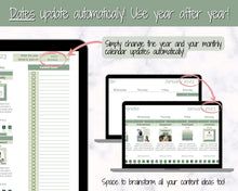 Load image into Gallery viewer, Social Media Content Calendar | Google Sheets Content Planner, Social Media Manager Spreadsheet for Instagram, YouTube, TikTok Influencers | Green
