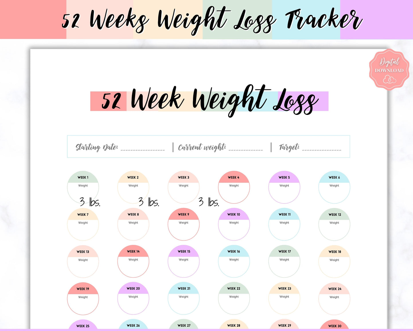 52 Week Weight Loss Tracker & Monthly Challenge | Weight Loss Chart, Pounds Lost Fitness Tracker | Rainbow Swash