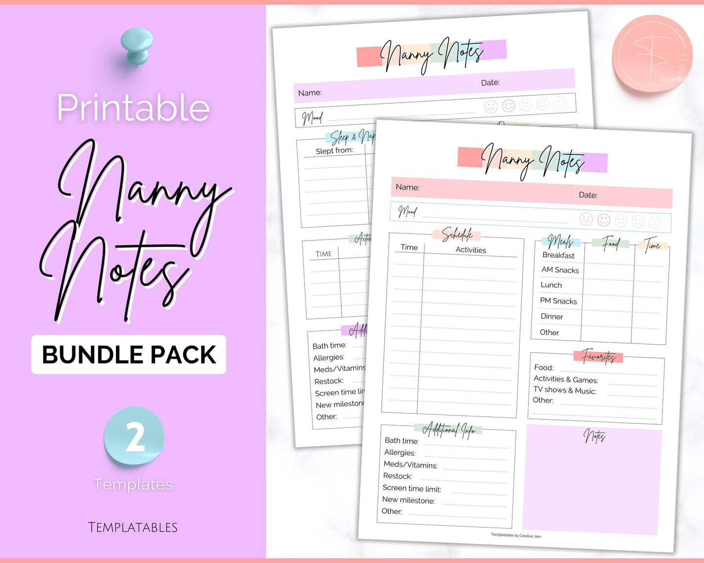 Nanny Schedule, Notes & Report Template for Baby | Babysitter Info Hiring Guide, Nanny Checklist & Planner, Baby Daily Log | Pastel Rainbow