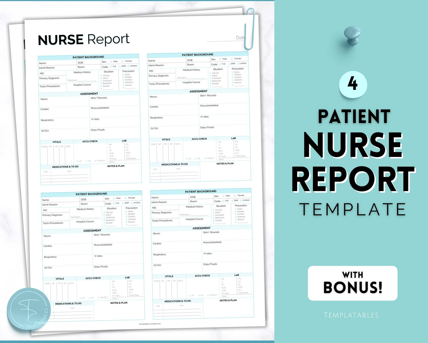 4 Patient Nurse Report Sheet to Organize your Shifts | Nurse Brain Sheet, ICU Nurse Report Patient Assessment Template | Blue