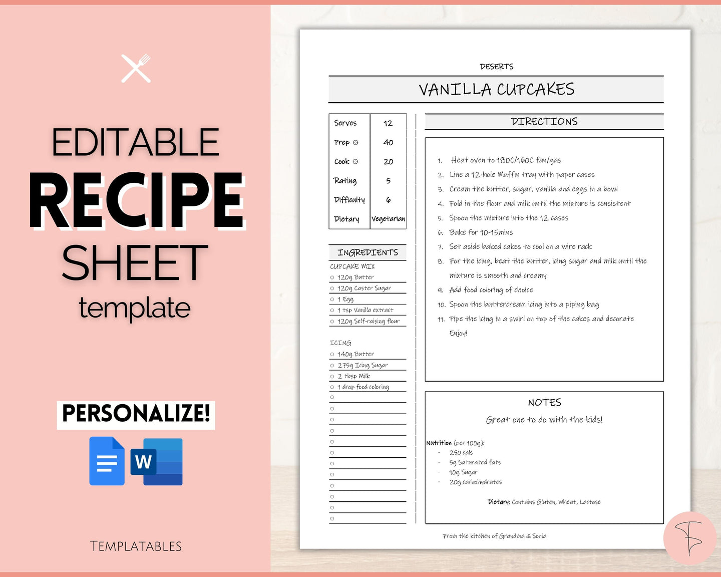 EDITABLE Recipe Sheet Template | Recipe Book, Cards & Cookbook Binder, 8.5x11 Food Planner Journal | Style 4