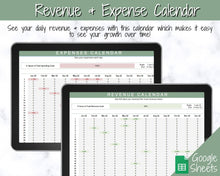Load image into Gallery viewer, Small Business Bookkeeping Spreadsheet | Google Sheets Automated Business Expense Tracker &amp; Product Invetory Tracker | Green
