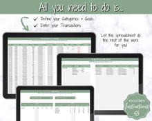 Load image into Gallery viewer, Small Business Bookkeeping Spreadsheet | Google Sheets Automated Business Expense Tracker &amp; Product Invetory Tracker | Green

