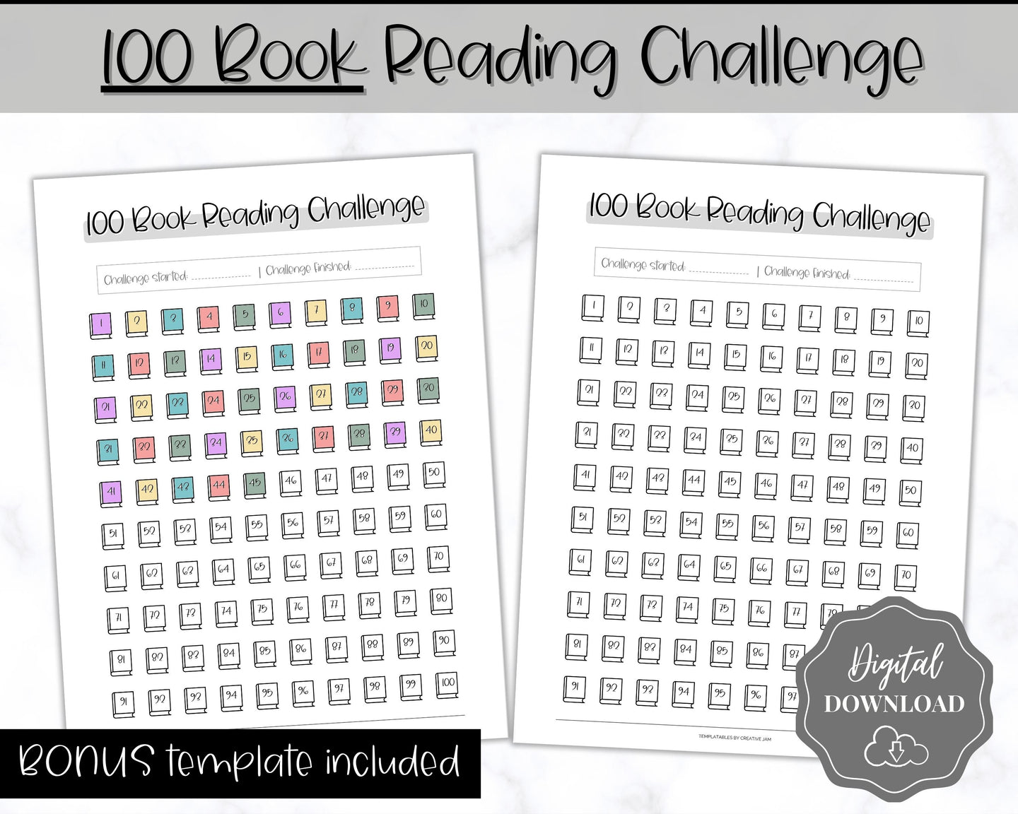 100 Book Challenge Printable | Reading Challenge BUNDLE, Adult & Kids Reading Log & Book Tracker | Sky Mono