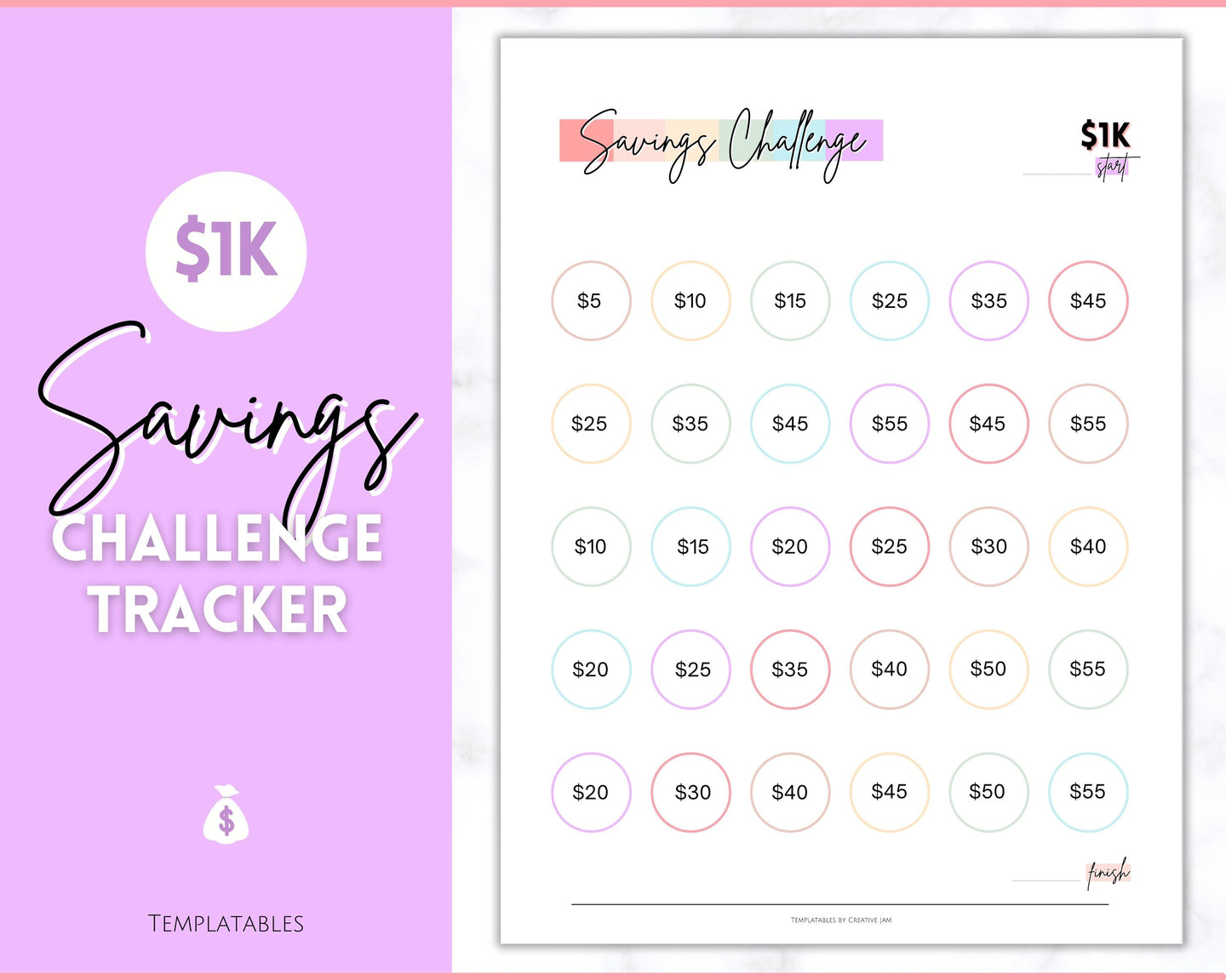 1000 Savings Challenge, 1k Saving Tracker Printable | 30 day, Cash Envelopes to Save Money & Budget | Pastel Rainbow