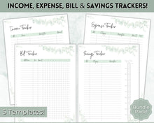 Load image into Gallery viewer, Savings Tracker BUNDLE | Income, Expenses, Savings &amp; Bill Tracker Printables, Personal Finance Planner Binder | Green Eucalyptus
