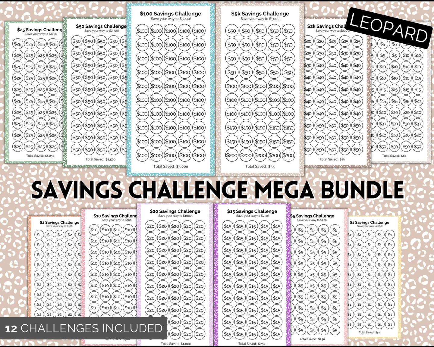 Mini Savings Challenge Printable BUNDLE | 12 Saving Trackers, Cash Envelope, A6 Saving Challenges | Leopard