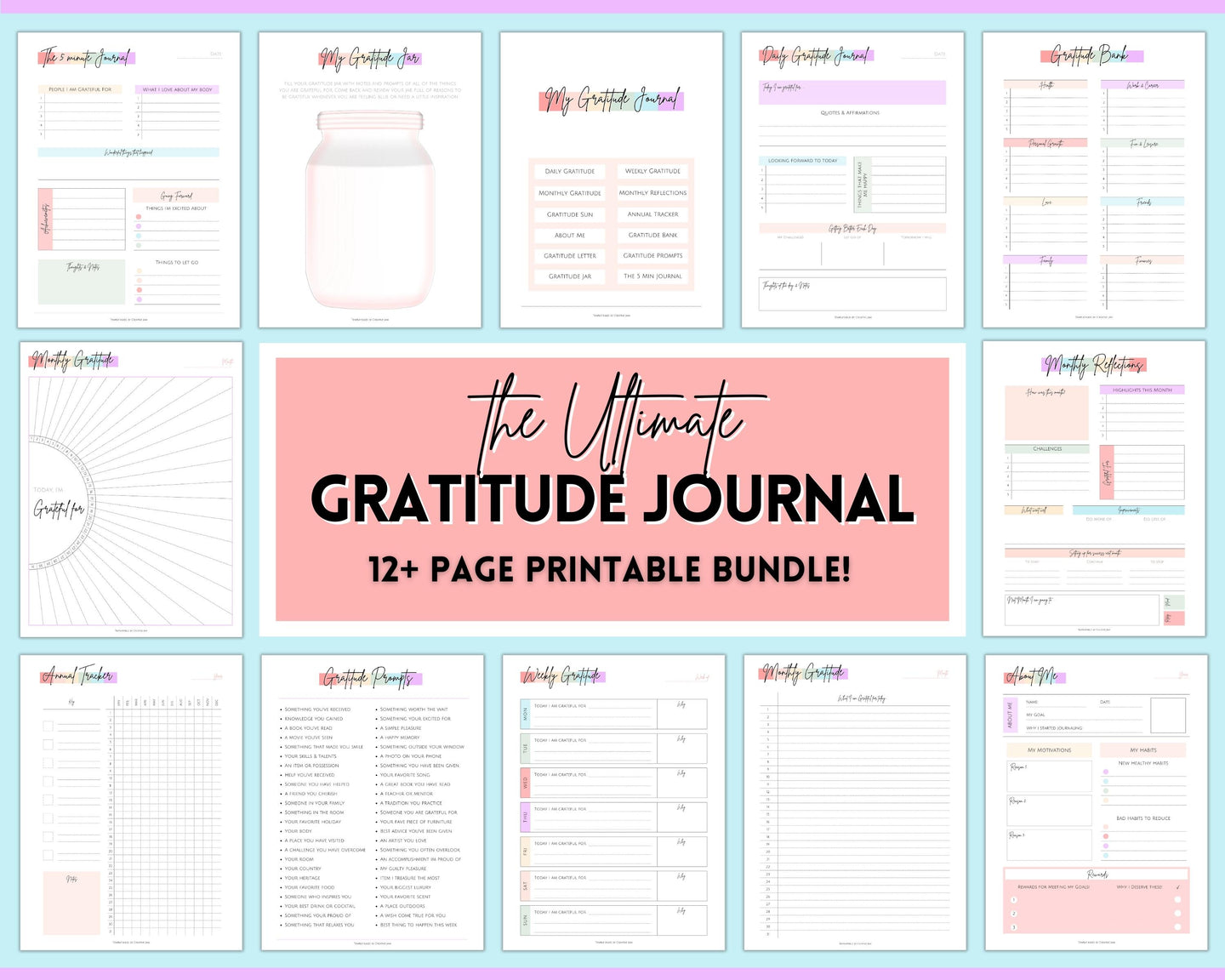 Gratitude Journal Printable Bundle | Mindfulness Log, Gratitude Template, Self Care & Wellness Planner | Pastel Rainbow