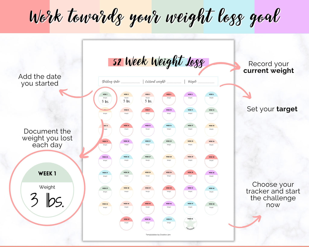 Fun 52 Week Tracker 52 Week Weight Loss Tracker & Monthly Challenge | Pounds Lost Tracker