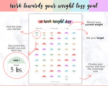 Load image into Gallery viewer, 52 Week Weight Loss Tracker &amp; Monthly Challenge | Weight Loss Chart, Pounds Lost Fitness Tracker | Rainbow Swash

