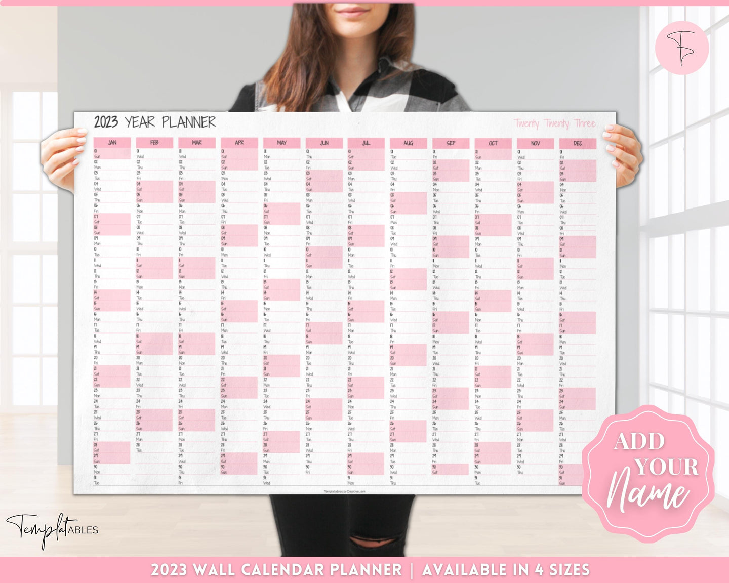 2023 Wall Calendar Printable | Large 12 Month Personalized Calendar, Annual Year at a glance | Pink