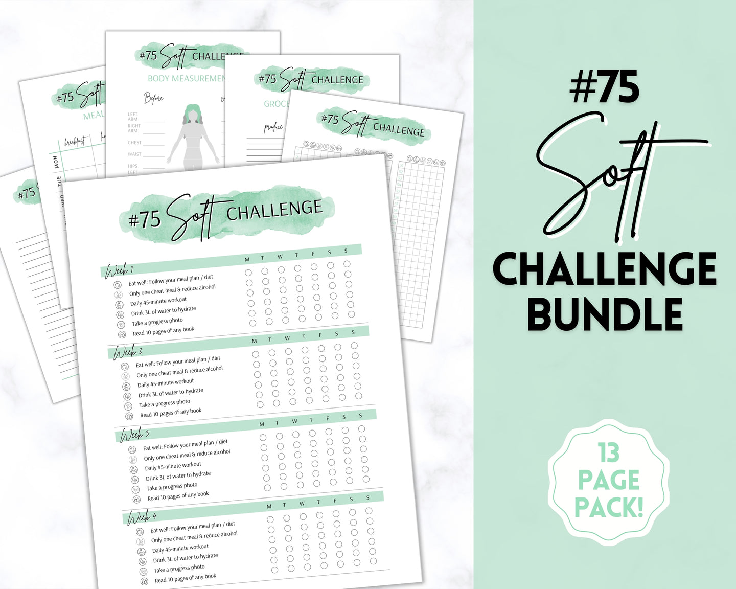 EDITABLE 75 SOFT Challenge Tracker | 75soft Printable Challenge, Fitness & Health Planner | Green Watercolor